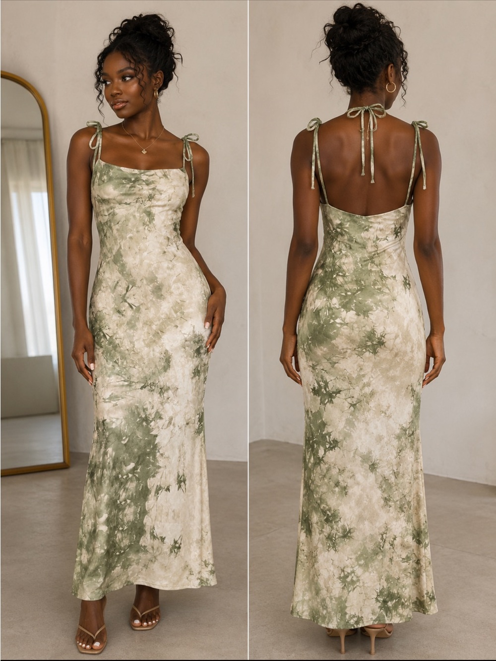 Fashion Nova Olive & Cream Tie-Dye Slip Maxi with Tie Straps